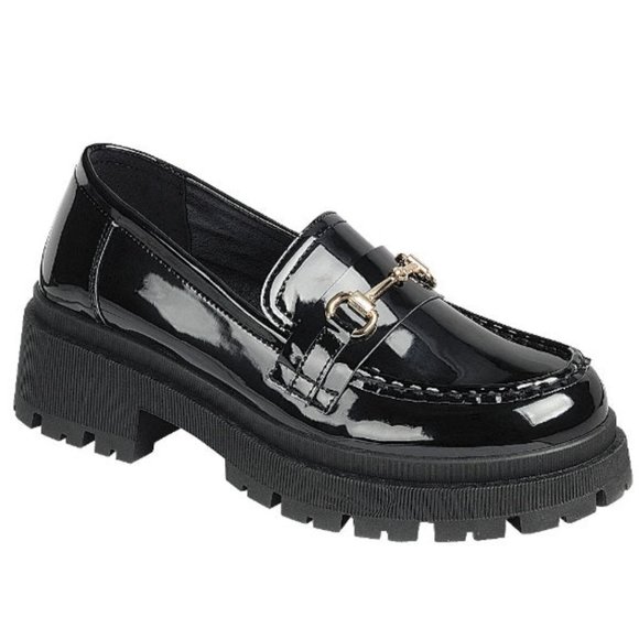 New Black Chain Platform Chunky Heel Penny Loafers - Picture 1 of 6
